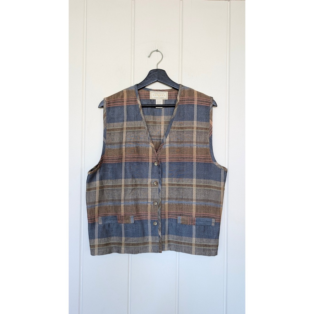 VTG Express Plaid Linen Blend Vest‎ Womens M Button Front Lightweight